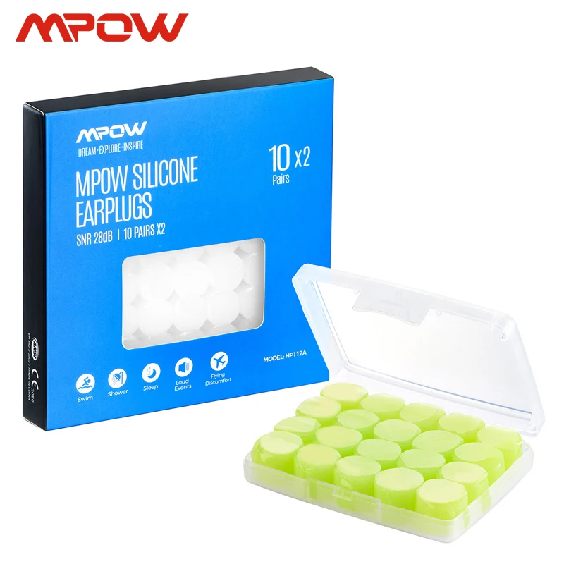 Mpow HP112 20 пар плавающий заглушка мягкий силиконовый зеленый/белый 28 дБ SNR беруши для снижения уровня шума с 2 футлярами для душа сна