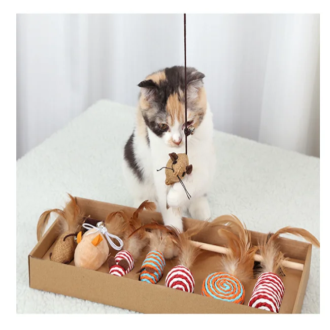 

Cat Toy Set with Stick and Cat Scratch Board Bell Feather Wood Rod Funny