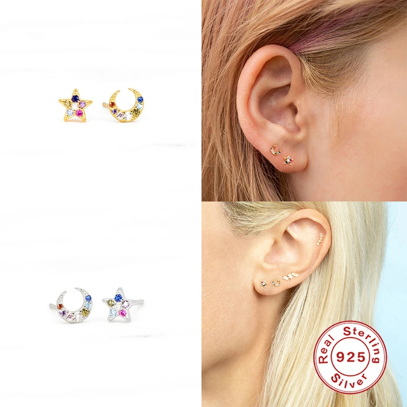 

CANNER 925 Sterling Silver Stud Earrings Bee Moon Star CZ Zircon Piercing Mini Jewelry Pendientes Plata 925 Earrings For Women