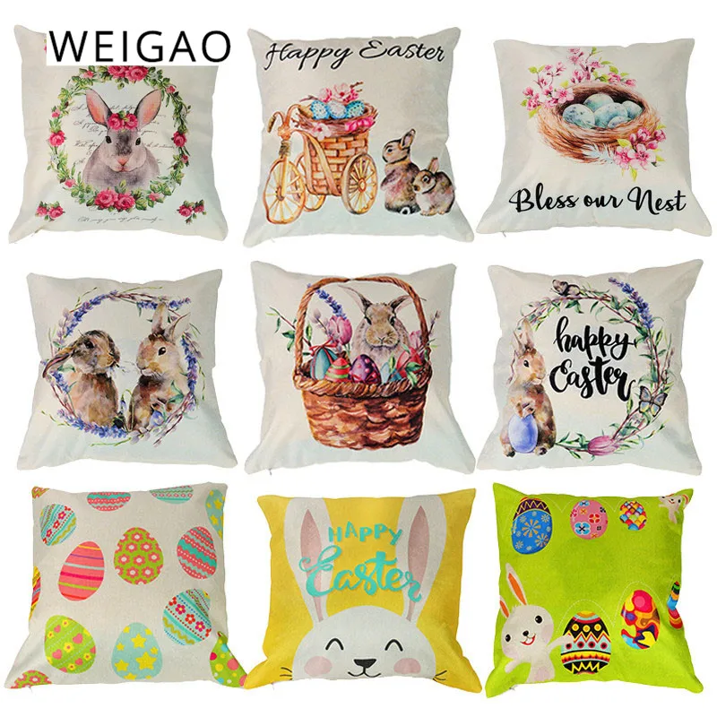 

Happy Easter Cushion Cover Bunny Eggs Decorative Pillow Cover Easter Rabbit Print Pillow Case Easter Decorations For Home Sofa