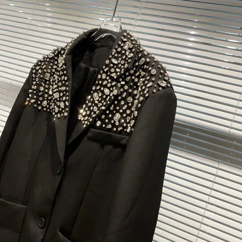 

Spring New Women Diamonds Long Sleeve Blazers Designer Streetwear Single Breasted Suit Jacket Straight Formal Coat Female S-L