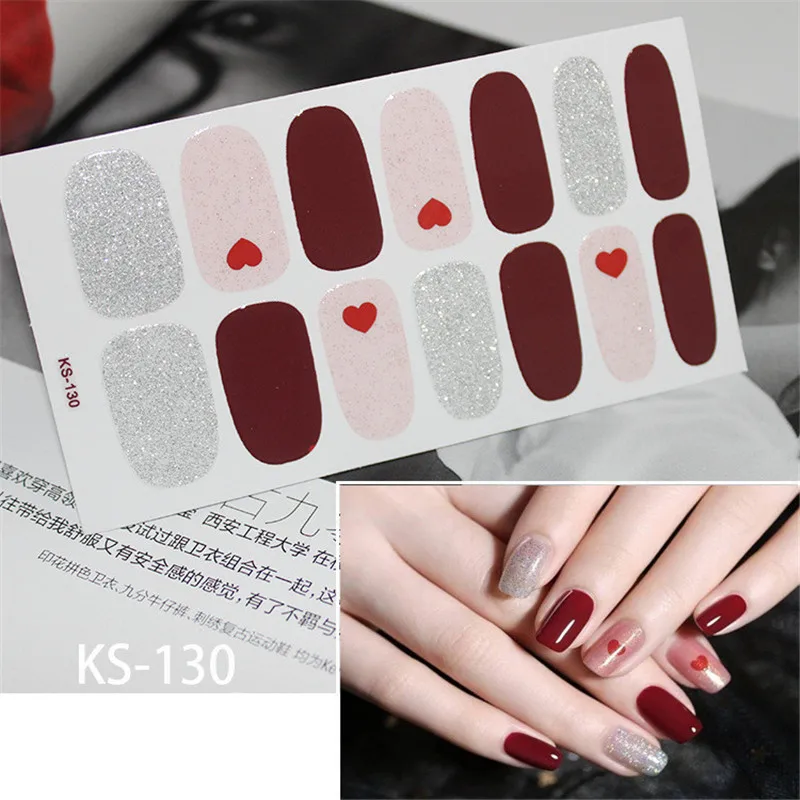 14tips/sheet Glitter Nail Art Sticker Manicure Tips Full Cover Wraps Foils DIY Adhesive Decals Valentines day Drop Shipping | Красота и
