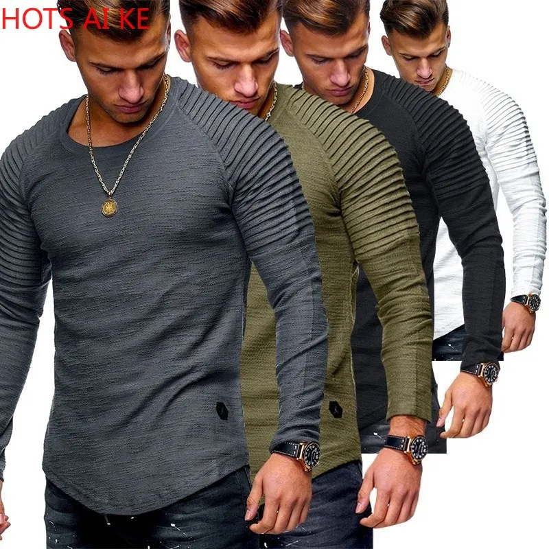 

Hot 2021 Solid Color Sleeve T-Shirt Pleated Patch Detail Long Sleeve Men Spring Casual Tops Pullovers Fashion