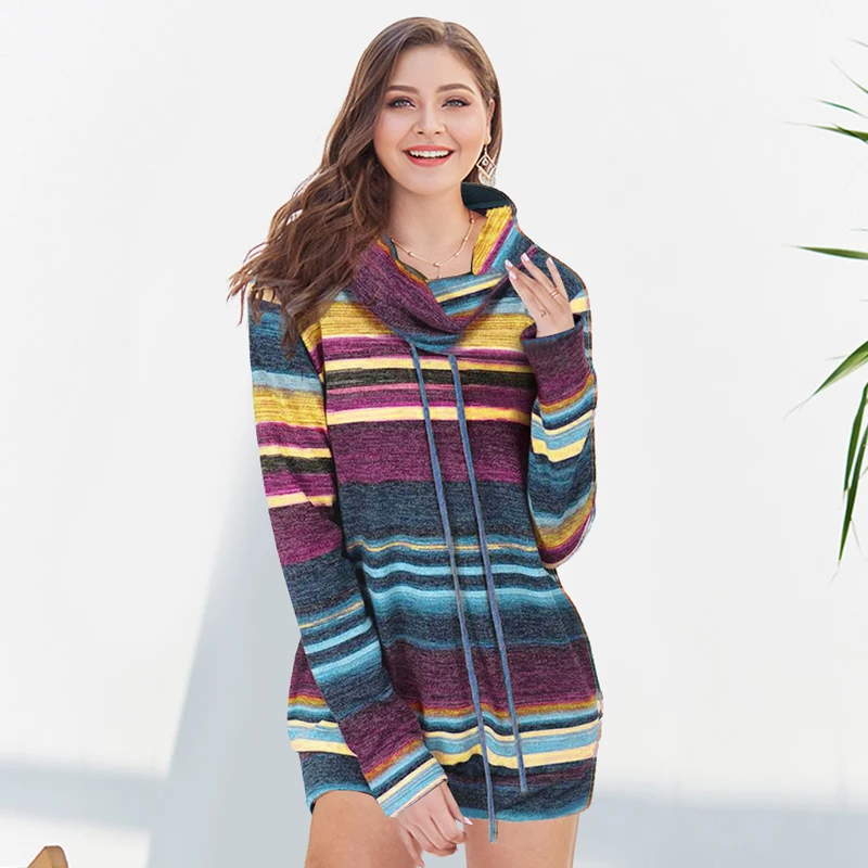 Wipalo Drawstring Collar Striped Women Sweater Knitwear Casual Cowl Neck Long Sleeve Pullover Sweaters Ladies Tops Fall Jumpers | Женская