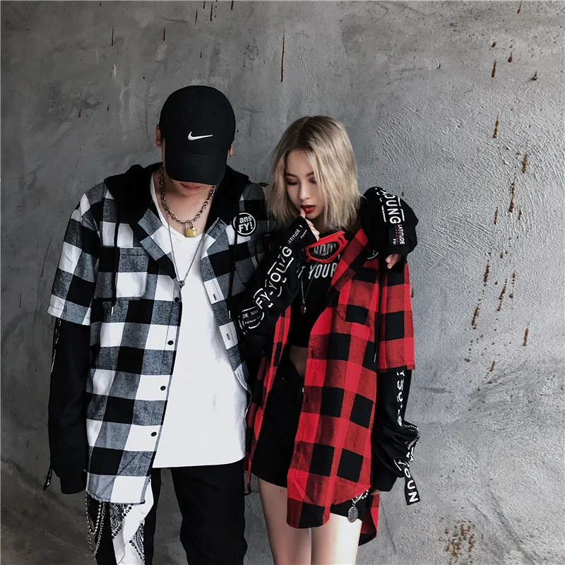 Хип-хоп рубашки в уличном стиле для мужчин Harajuku с капюшоном клетчатая Лоскутная рубашка с длинными рукавами простая универсальная Повседневная приталенная мужская одежда