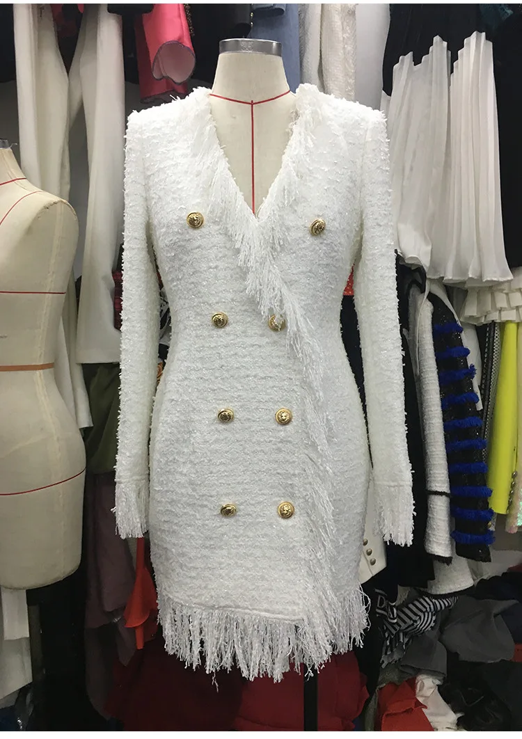 white Подиумное твидовое платье с кисточками Vestidos женское с v-образным вырезом Золотая кнопка с длинным рукавом шерстяное платье леди сексуальные вечерние зимние платья - Цвет: white