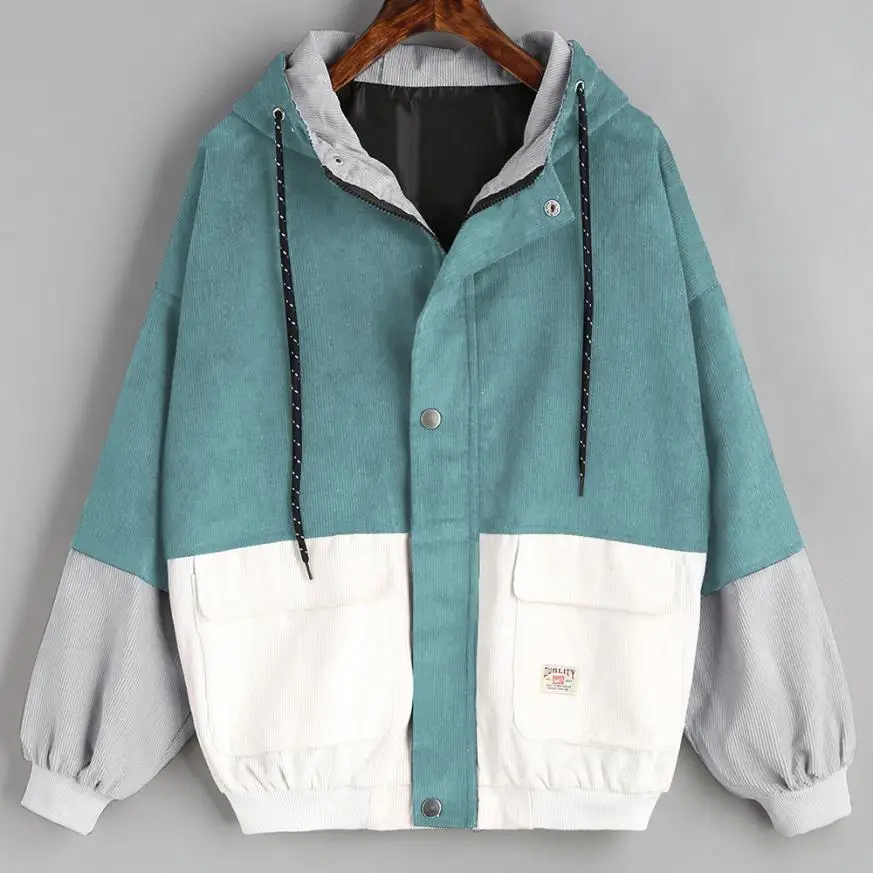 

Coat Long Sleeve Corduroy Patchwork Oversized Zipper Coat Windbreaker Coat and Jacket Ladies
