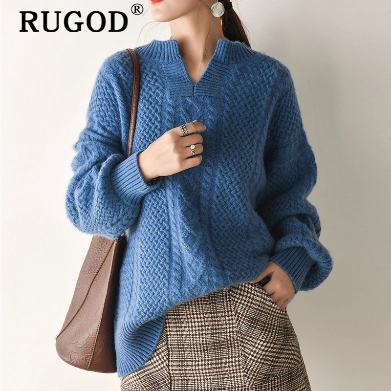 Женский свитер с v-образным вырезом RUGOD корейский теплый пуловер витой вставкой