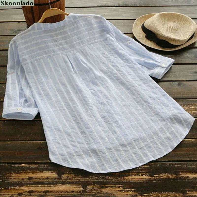 Summer Shirt Women Cotton Linen Tops Long Sleeve Oversize Lady Office Working Blouse Striped Classic Formal Blouses 2022 | Женская