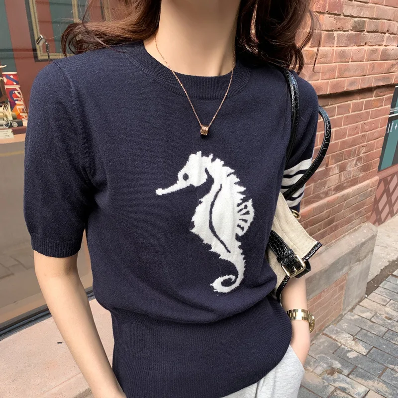 

ZOGAA New Women's T-Shirt White Hippocampus Print Cotton Short-Sleeved Round Neck Blouse Suitable For Home Casual Clothing