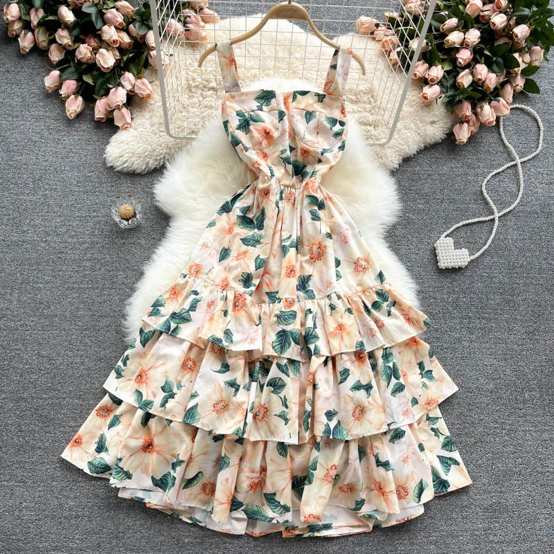 

2021 New Temperament Square Neck Slim Mid Length Ruffle Print Suspender Dress Spring Summer Casual Fashion Dress