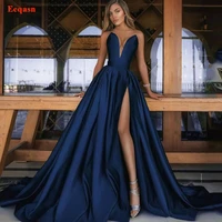 eeqasn navy blue deep v neck prom dresses satin a line long evening party dress with side slit aso ebi women formal party gowns
