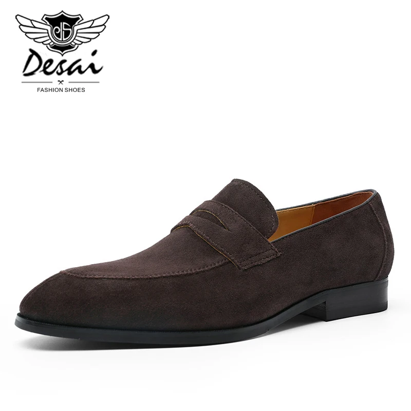 Dark Brown DESAI/ г. Новые Осенние мужские деловые модельные туфли деловые лоферы на каждый день из коровьей замши без шнуровки, оксфорды на плоской подошве - Цвет: Dark Brown