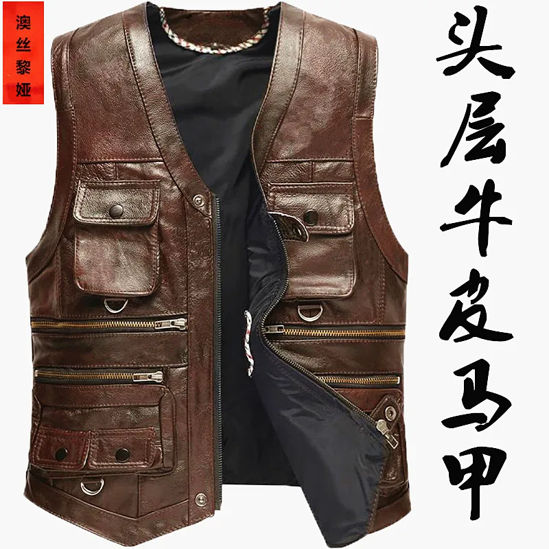 Мужской кожаный жилет 2021 стильный из воловьей кожи с несколькими карманами и V