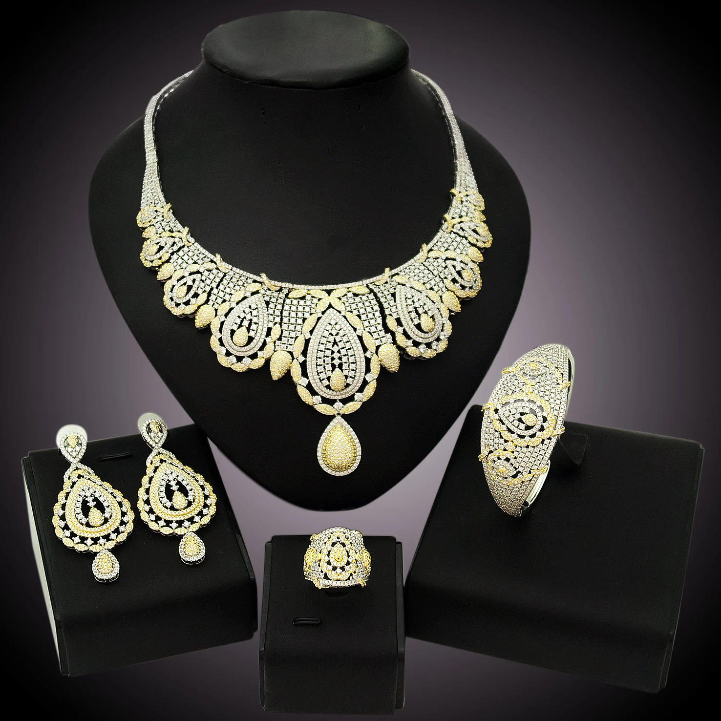 ?? Yulaili-女性のためのキュービックジルコニアジュエリーセット,イヤリングとネックレス,4個