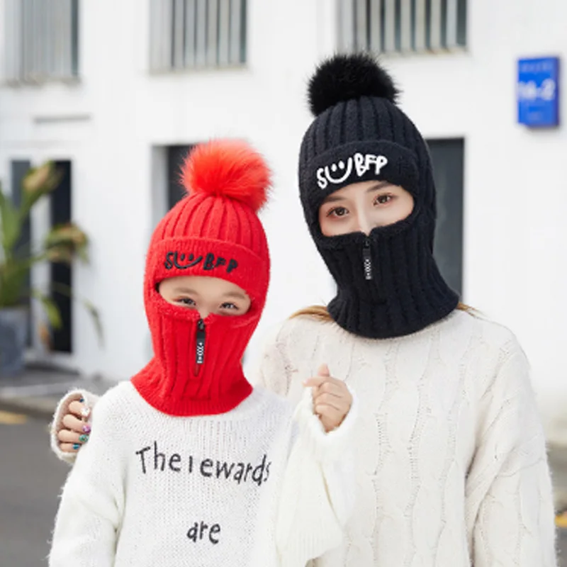 

Q Balaclava Winter Fur Pompom Hat Women Baby Wool Knitted Beanie Caps For Girls Matching Hats Double Plush Windproof Outdoor Hat