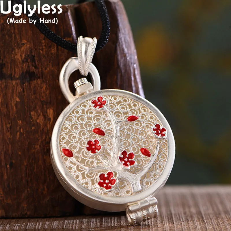 

Uglyless Red Little Flowers Necklaces NO Chain 925 Silver Bat Opening Box Pendants Photo Folder 6-word Mantra Buddhistic Jewelry
