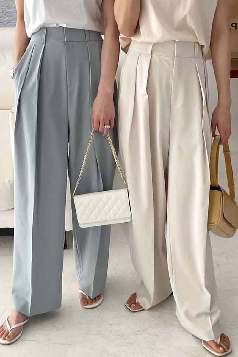 

Korean Casual Loose pants Fashion Temperament Solid High Waist Folds Loose Wide-leg All-match Suit Pants Women Summer 2021
