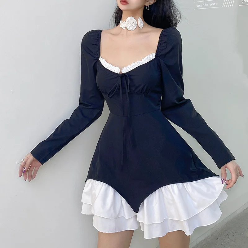 

SANGMAY Sexy Autumn Splicing Collision Color Square Collar Dress High Waist Princess Dress Skirt