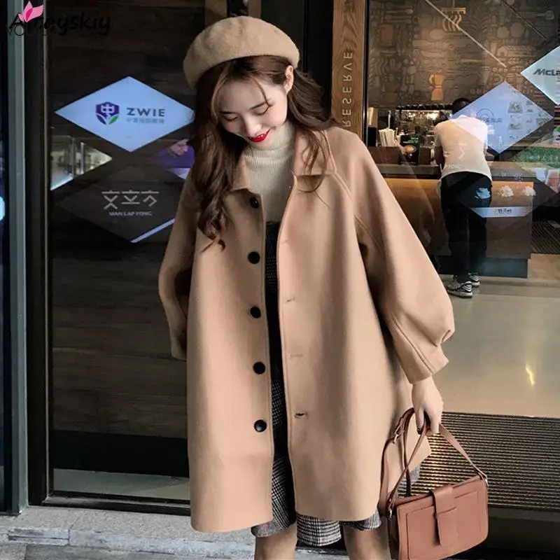 

Long Blends Women Khaki Fall Retro Single Breasted Pure Wide-waisted Lantern Sleeve Lady Coats Casual Clothing All-match