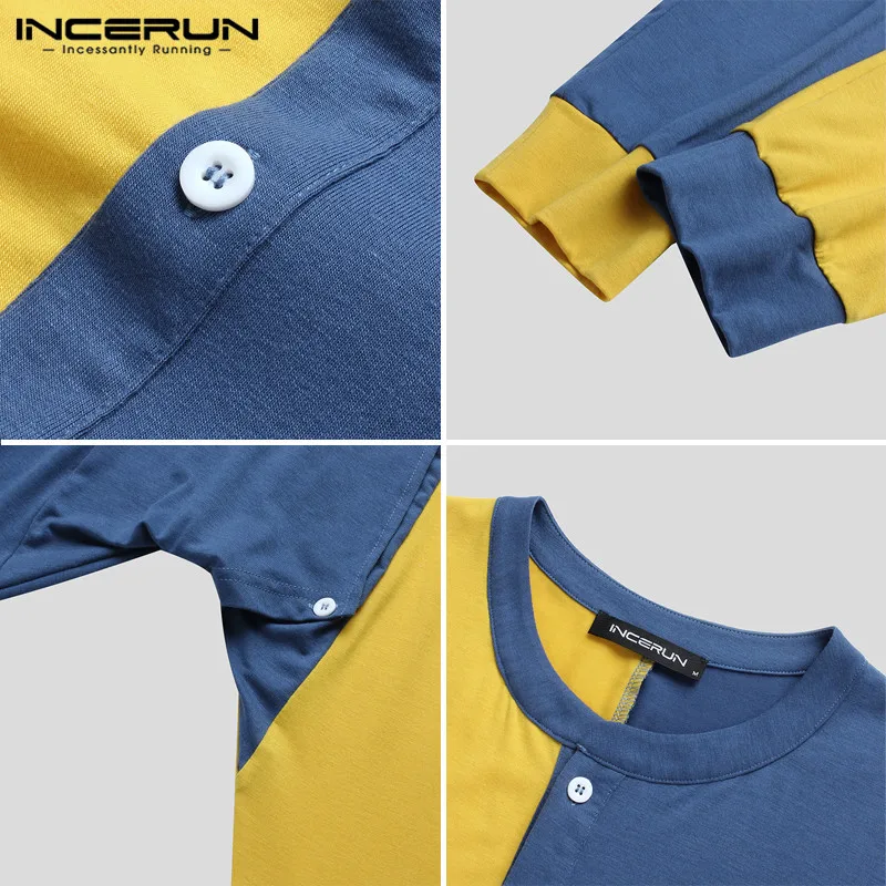 

INCERUN Men Patchwork Pajamas Jumpsuit Long Sleeve Button Fitness Cozy Homewear Mens Rompers Sleepwear Leisure Pyjamas S-5XL