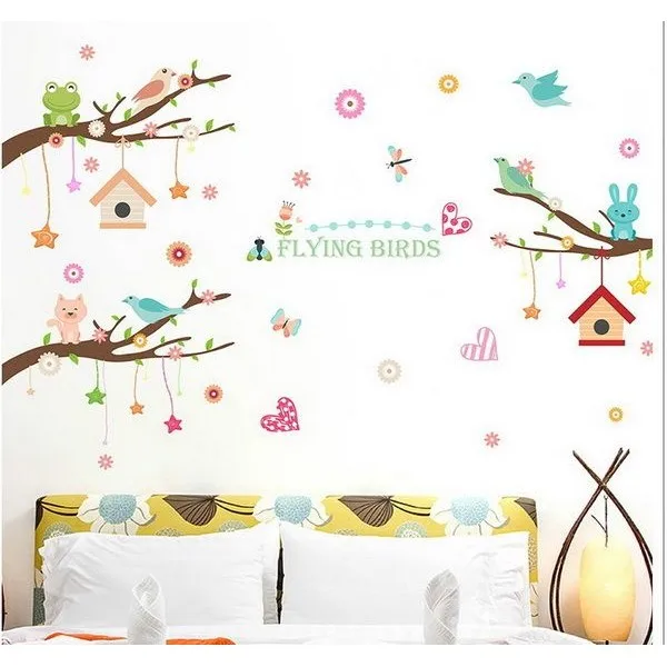 Наклейка декоративная виниловая на стены мебель - ТРИ ВЕТКИ С ПТИЧКАМИ | Дом и сад
