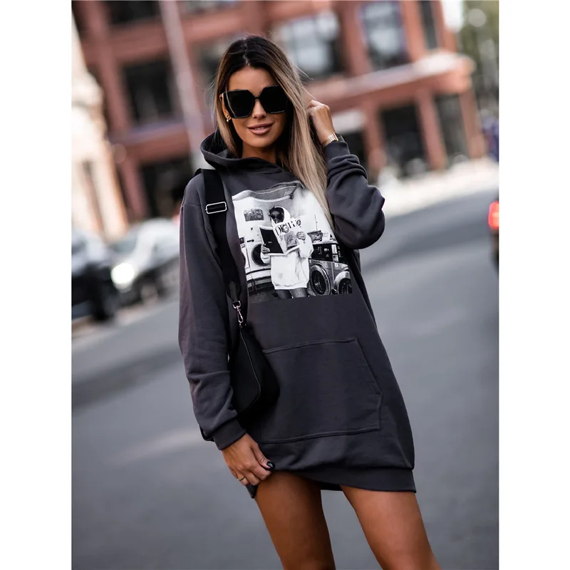 

Autumn Winter Printed Women's Hooded Dress Casual Long Sleeve Black Dresses Female New Elegant Streetwear Fashion Clothes Lady