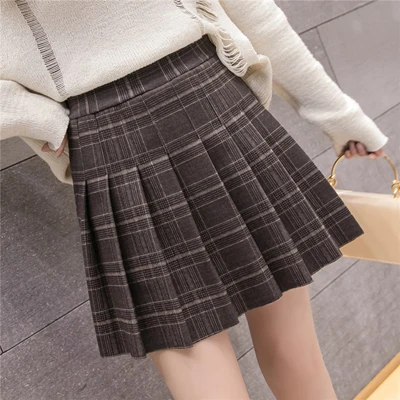 Gray plaid Новые осенние зимние шерстяные юбки с высокой талией трапециевидной формы плиссированные мини-юбки корейский консервативный стиль женские юбки серый/черный - Цвет: Gray plaid