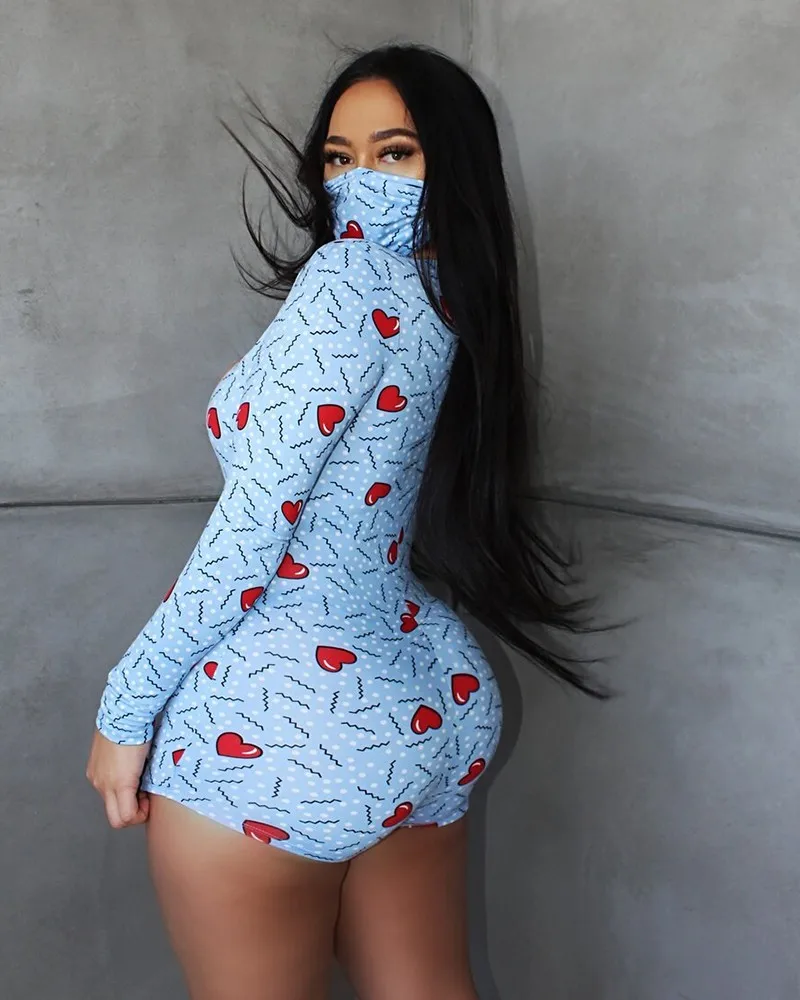 

Sexy V Neck Print Sheath Bodysuit Women Long sleeve Autumn Spring Stretch Bodysuits Female Fashion Bodycon Pajamas Sleepwear