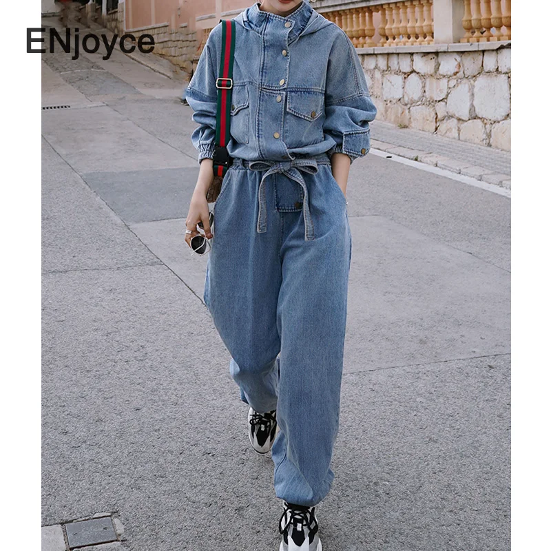 Women High Street Denim Hooded Jumpsuits Female Spring Fall Ankle-length Handsome Long Sleeve Loose Cargo Jeans Playsuit