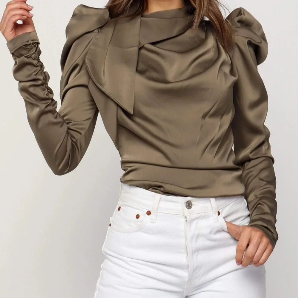 Женская Тонкая блузка с длинным рукавом винтажная элегантная офисная воротником