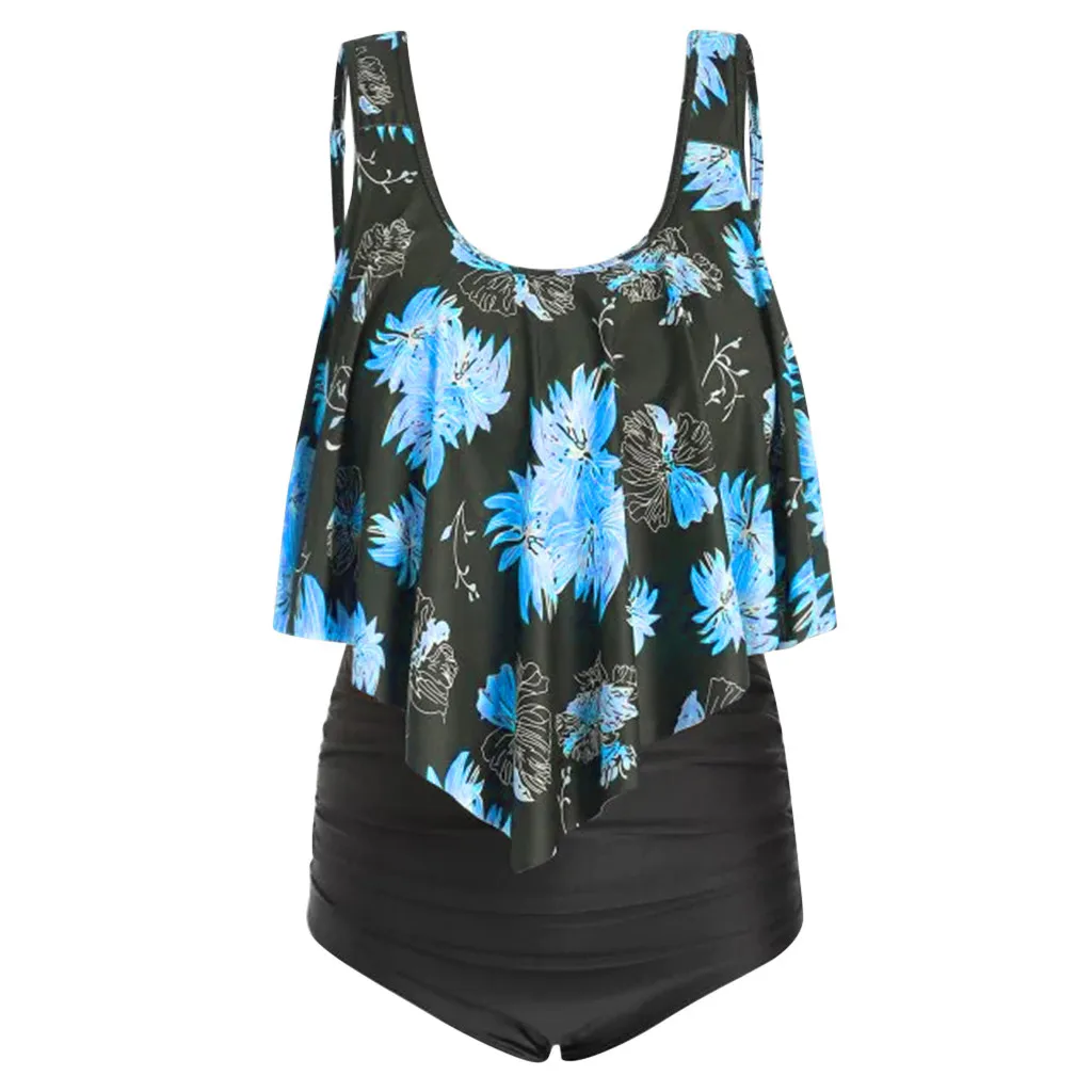 Women's large size sexy print ruffled solid bikini set beachwear one-piece swimsuit with push-up set#gh |