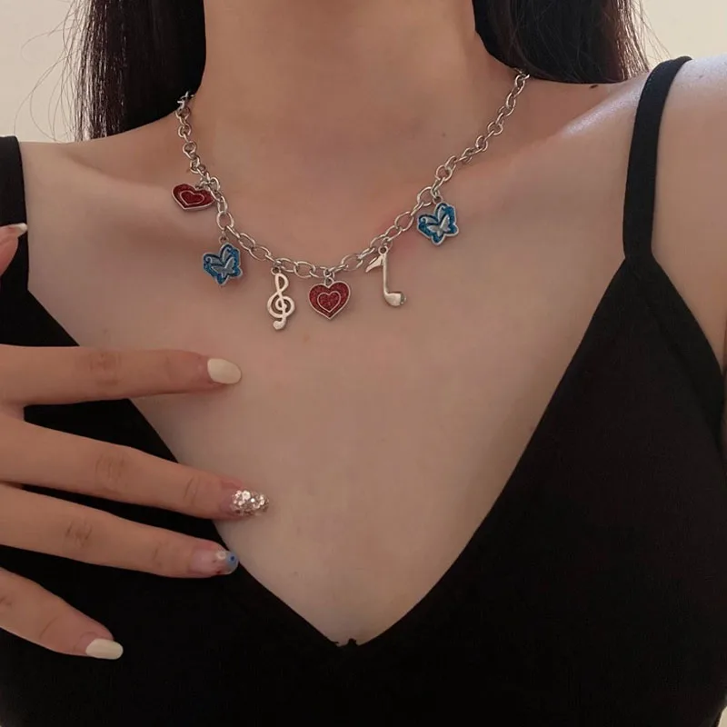 

New Ins Hip-hop Handmade Titanium Steel Butterfly Pendant Necklace Musical Note Necklaces Choker For Women Fashion Jewelry