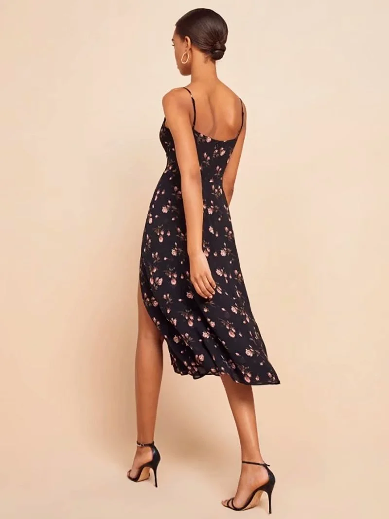 

Slim Black Print Side Split Suspender Dress Long Summer Dress Sexy & Club Printing A-LINE Mid-Calf Spaghetti Strap Women's skirt