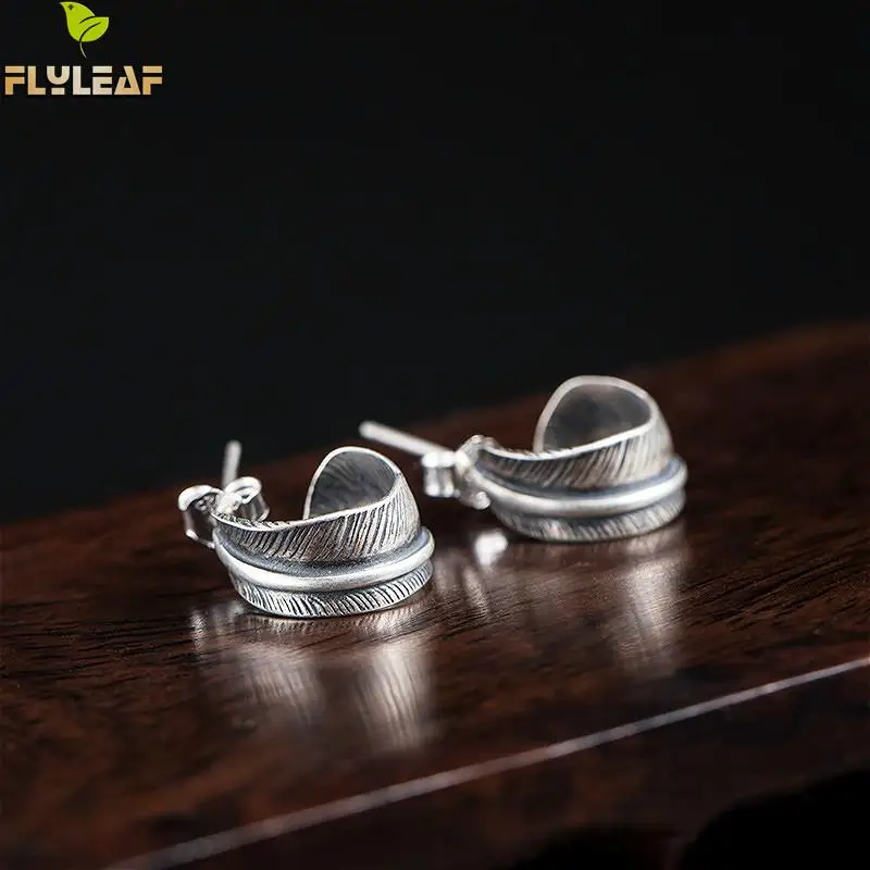 

Flyleaf 100% 925 Sterling Silver Do The Old Retro Feather Stud Earrings For Women Ethnic Style Vintage Jewelry