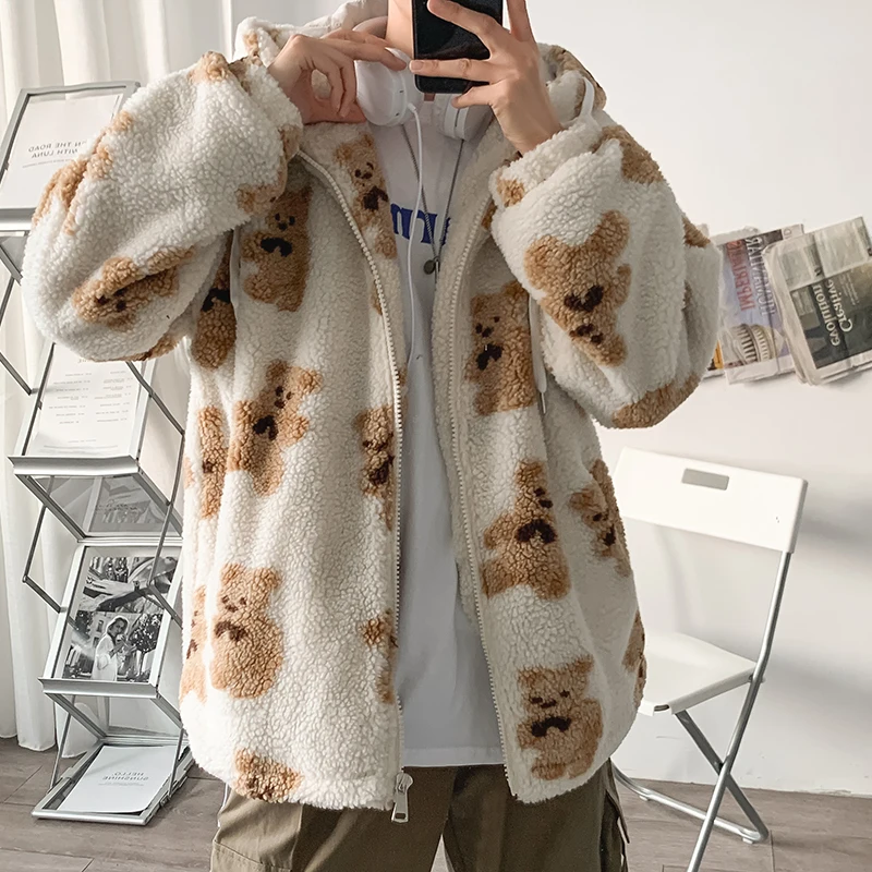 Men's Winter Jacket Velvet Covered Bear Lambs Wool Cotton-padded Clothes Loose Male Lovers Warm Thick Coat  Fleece Jackets Mens