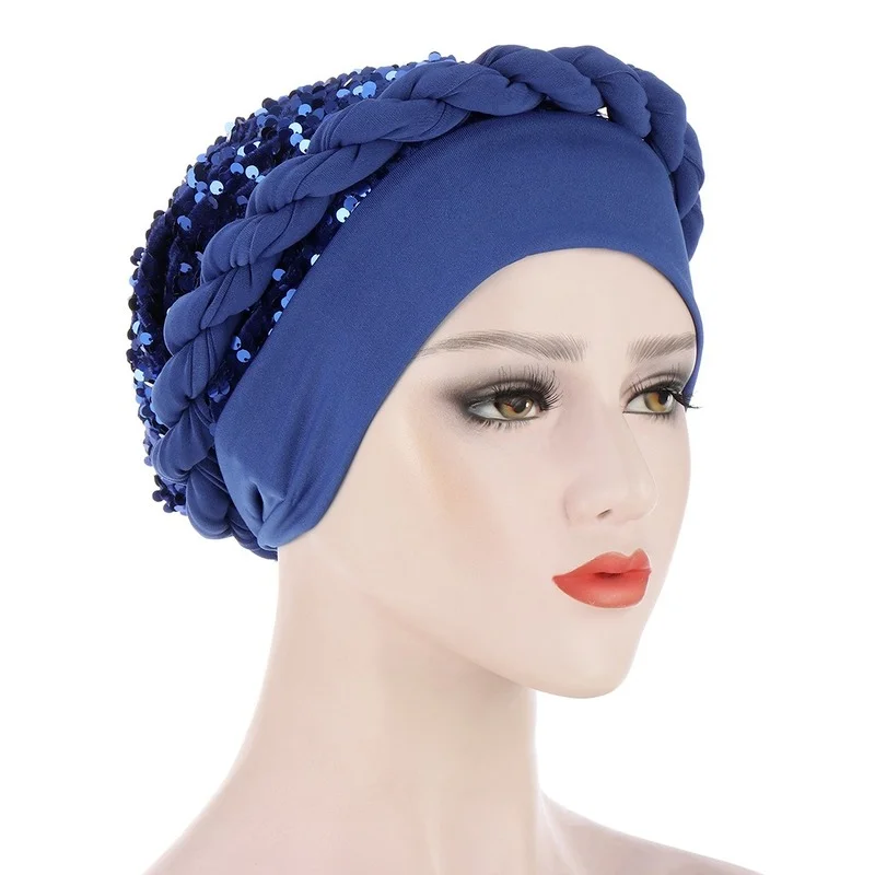 

2021 Braids Sequins Turban Cap for Women African Autogele Headtie Female Head Wraps Turbante Mujer Muslim Headscarf Bonnet
