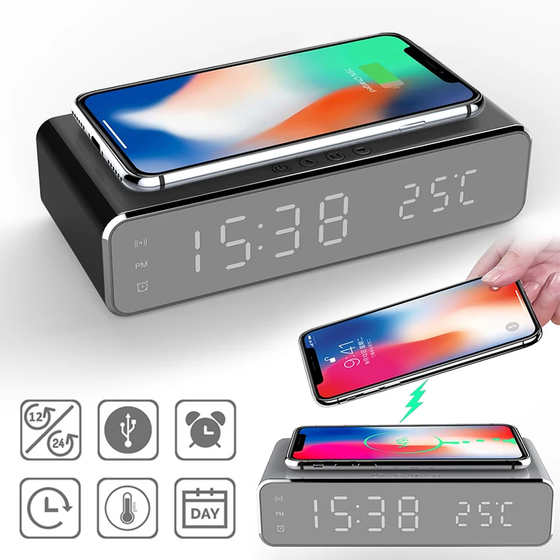 

LED Electric Alarm Clock With Qi Wireless Fast Charger Station Desktop Thermometer Time Display QI Standard For iOS Android