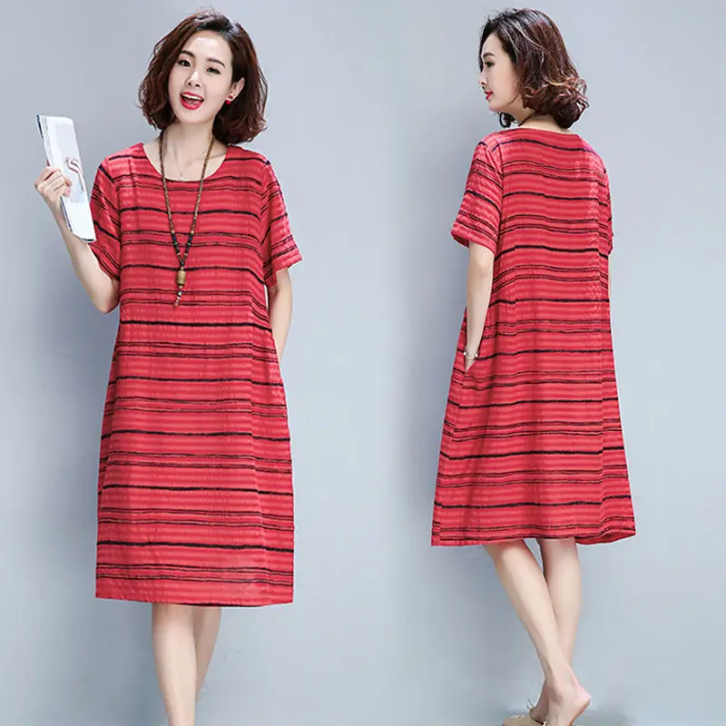 

New Summer Stripes Loose Dress Vivid Round Neck Short Sleeve Medium Long Cotton Linen Dresses Cozy Casual Fashion Maternity Wear
