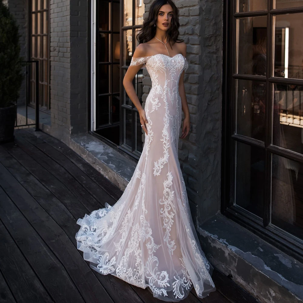 

Mermaid Wedding Dresses Romantic Off Shoulder Bohemian Lace Bridal Gowns Custom Made Vestido de Novia