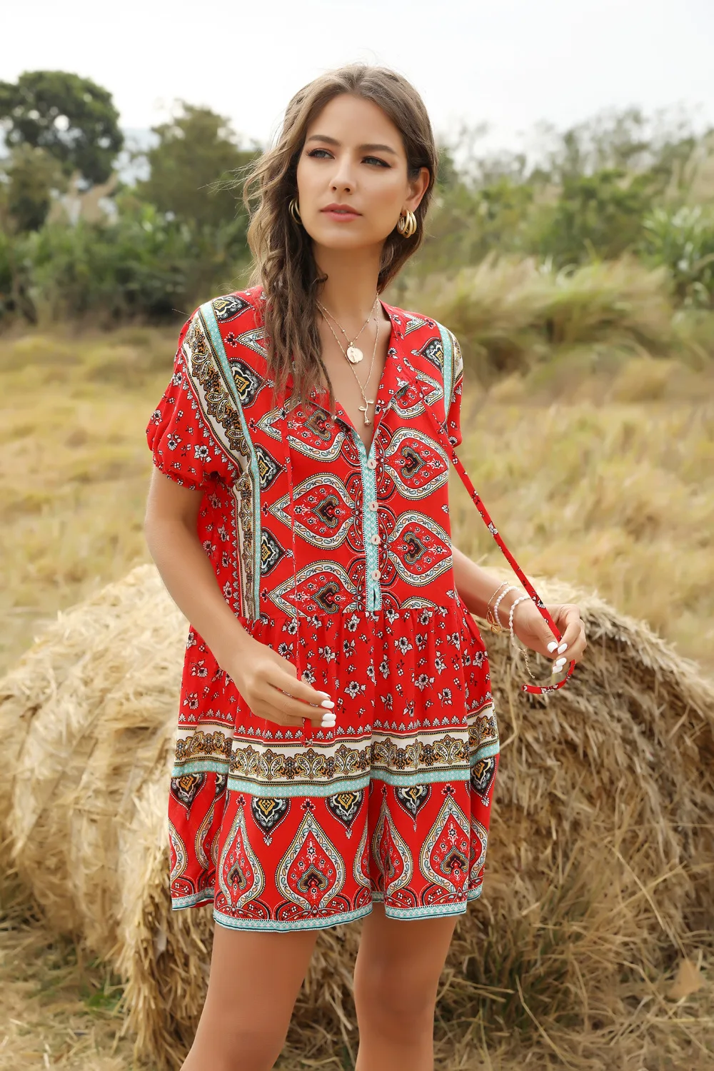 

bohemian print summer playsuit jumpsuit women 2020 short sleeve loose short jumpsuits girsl holiday rompers playsuits