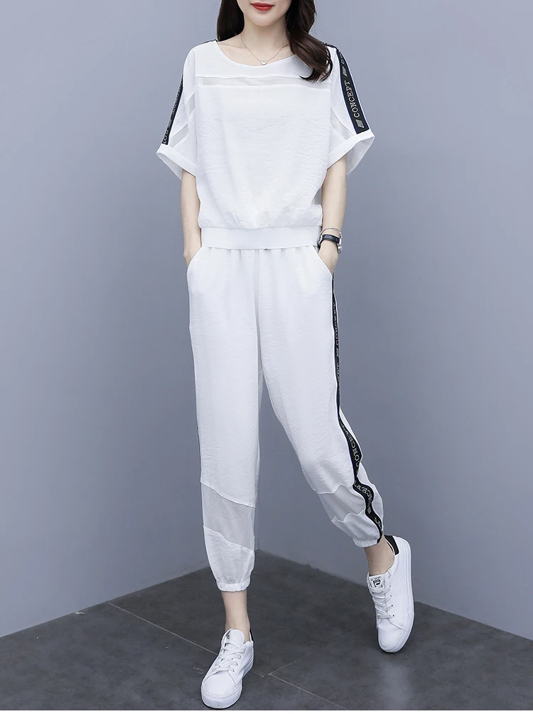 

5XL Plus Size Women Tracksuits Two Piece Set Summer 2021 Casual Loose Print Short Sleeve Patchwork Mesh 2 Two Set Top And Pants