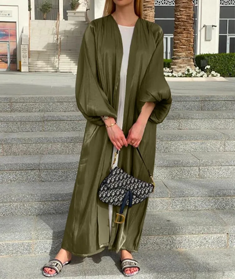 

Eid Djellaba Abaya Dubai Shiny Soft Puff Sleeves Muslim Dress Satin Abaya Dubai Turkey Muslim Dress Islam Abayas With Belt