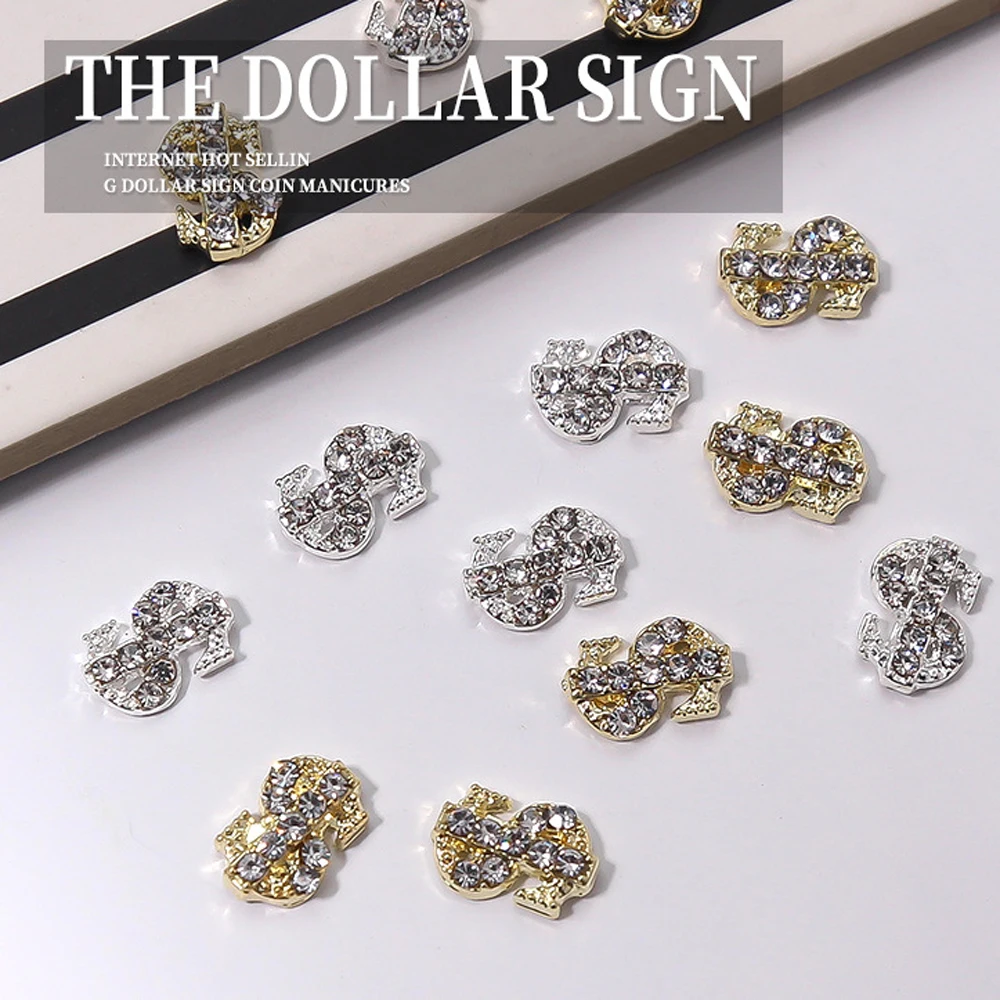 

10/20Pcs Metal Dollar Nail Art Decorations 3D Gold/Slivery Coin Sign Design Alloy Zircon Charms Luxury Gems Manicure Accessories