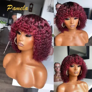 Short Curly Pixie Cut Bob Burgundy Colored Human Hair Wig With Bangs 250% Density Brazilian Full Mac