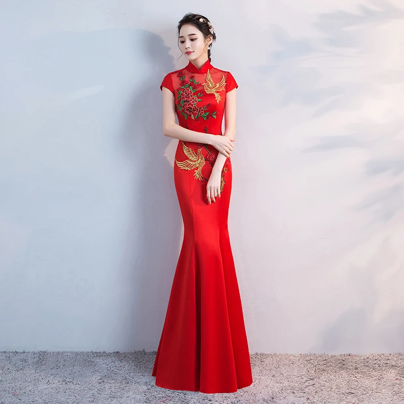 Красные женские длинные вечерние платья русалки Cheongsam в китайском стиле с