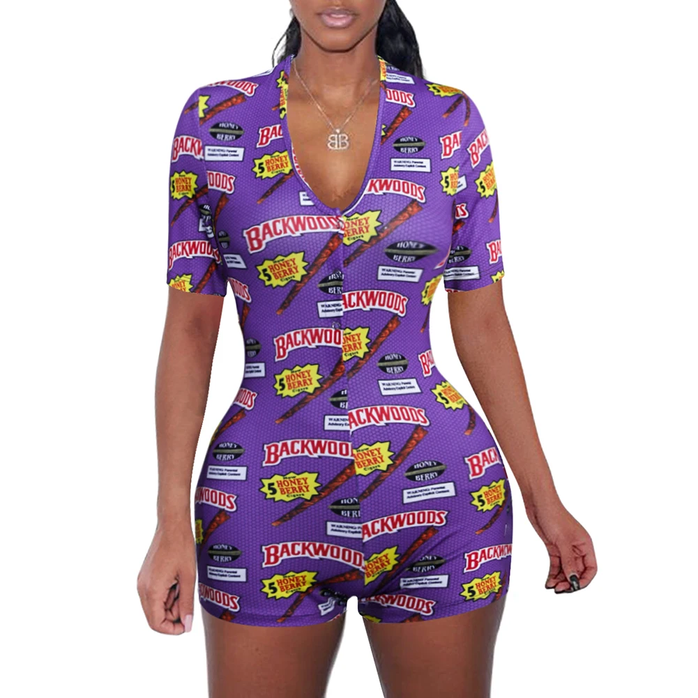 New Sweat Cartoon Snap Short Sleeve Casual Printed Button Sleepwear Jumpsuit Shorts Romper