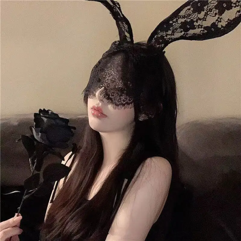 

Party Masquerade Cat Girl Headdress Black Lace Cat Ears Veil Rabbit Ears Headband Mask