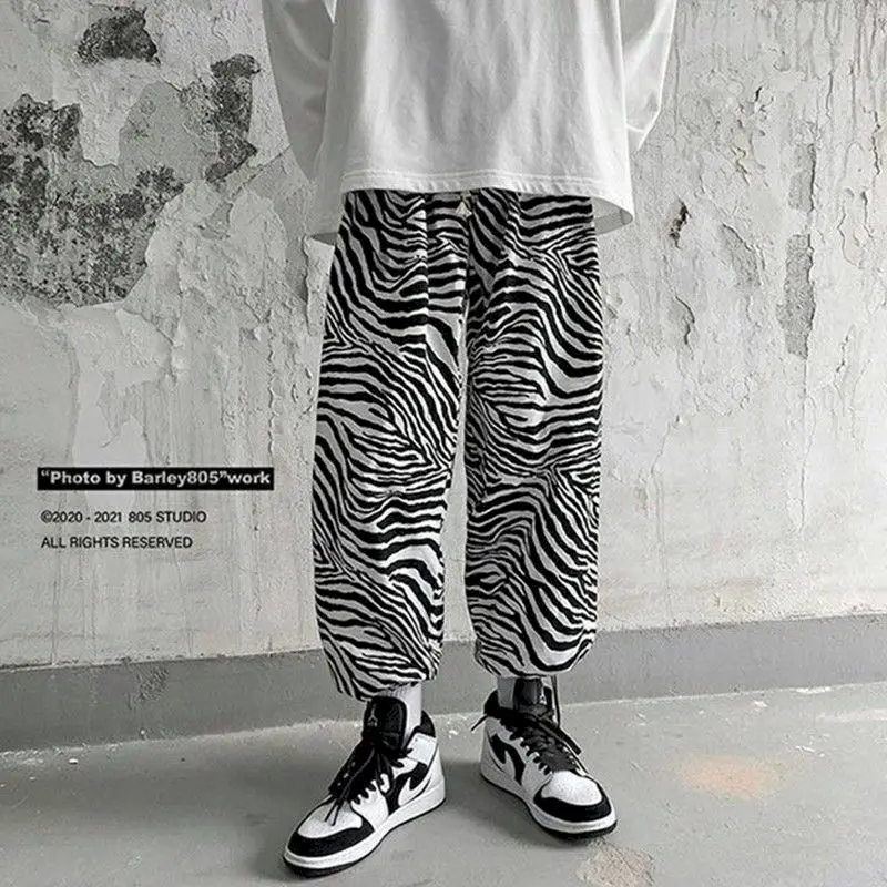 

Sweatpants Male Baggy Zebra Pattern Pants Spring Autumn 2021 New Nine-point Trousers Korean Fashion Goth Punk Women Male Bottoms
