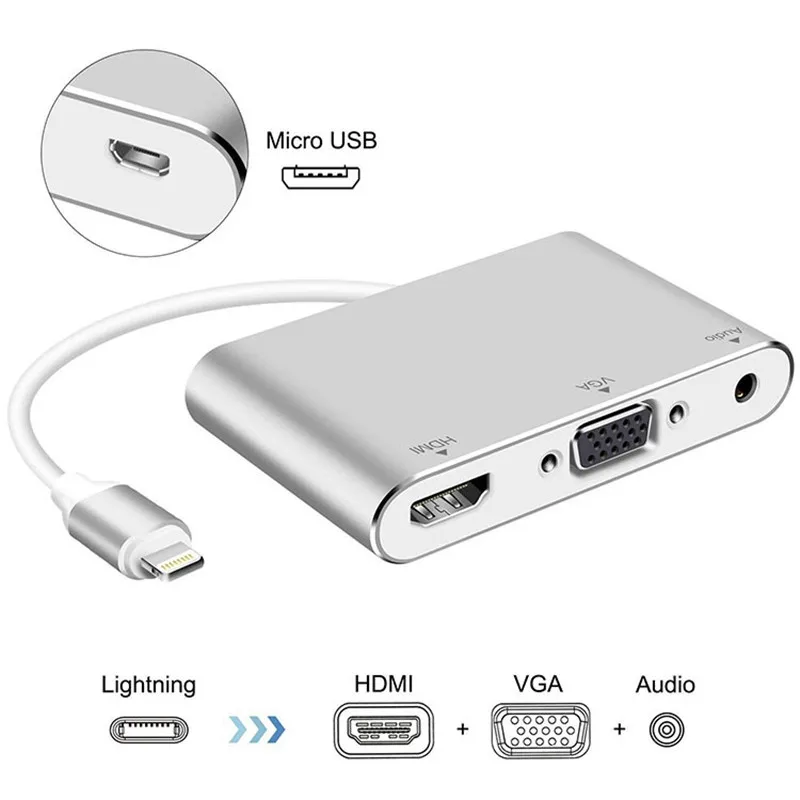 

For IPhone Docking Station 4 In 1 Lightning To HDMI VGA AV Adapter For IPhone12/11/Ipad Mobile Phone TV HD Same Cable Converter